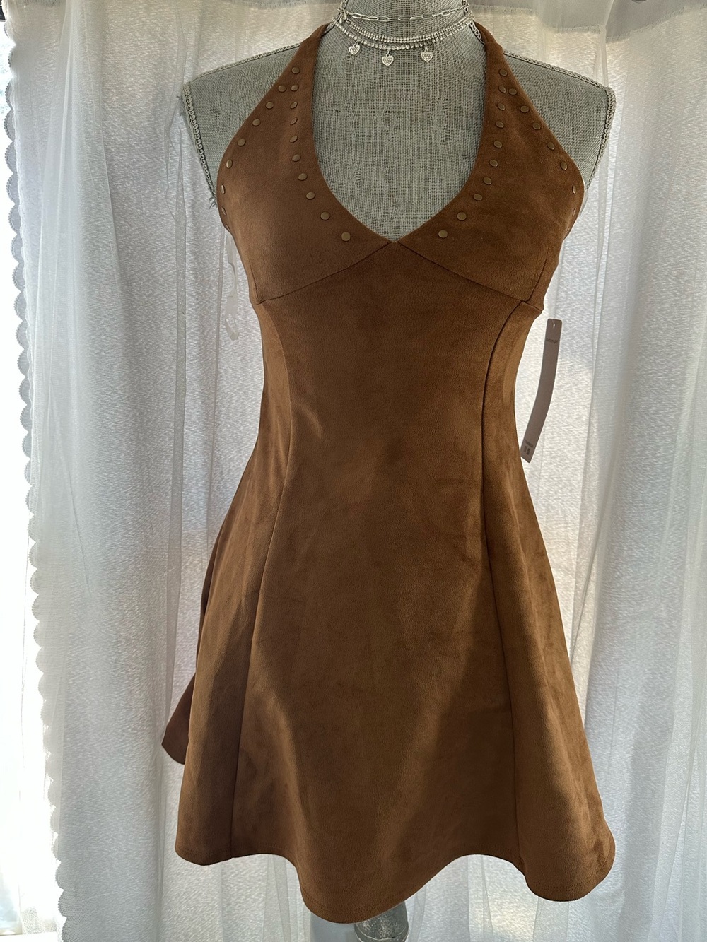 Madden Girl Tan Suede Halter Mini Dress with Stud Detail